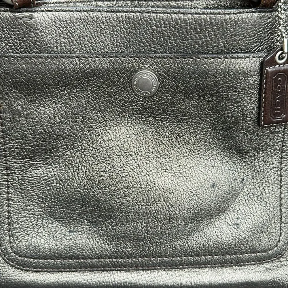 Elegant Coach Metallic Tote Bag with brown leather handles. Pre-loved.